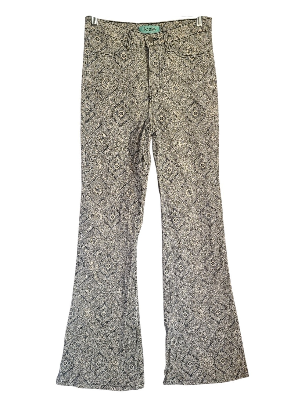 Karlie Paisley Flare Leg Pants Size 28 Boho Black/Tan Printed Bell Bottoms